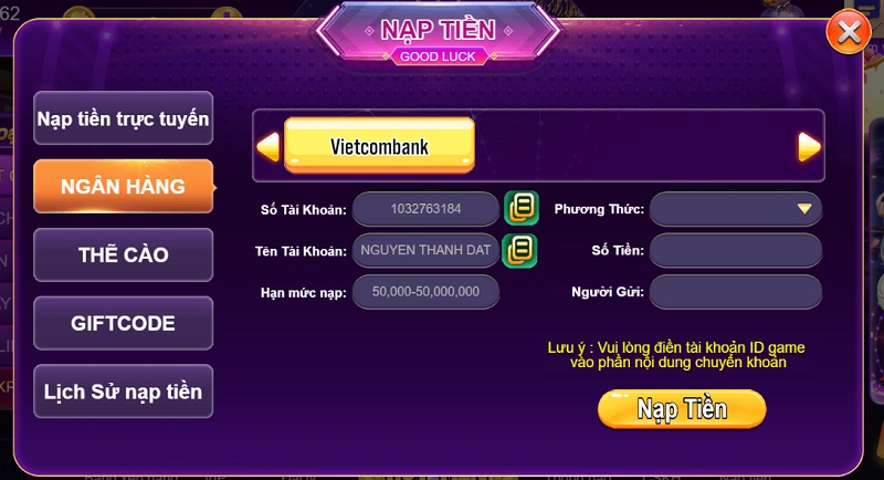 Nạp tiền tại cổng game đổi thưởng vb777 bằng chuyển khoản ngân hàng